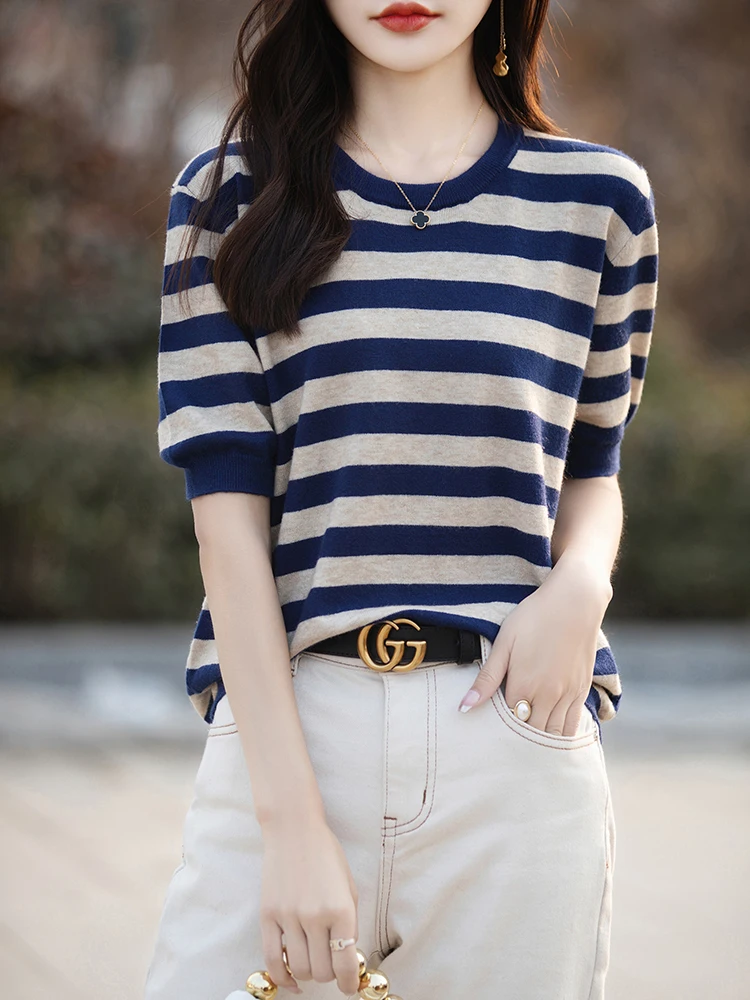  Feel Summer round Ne Striped ort Sve Women's Knitwear Loose Top Inner Wear Casual Sle Spring 2025