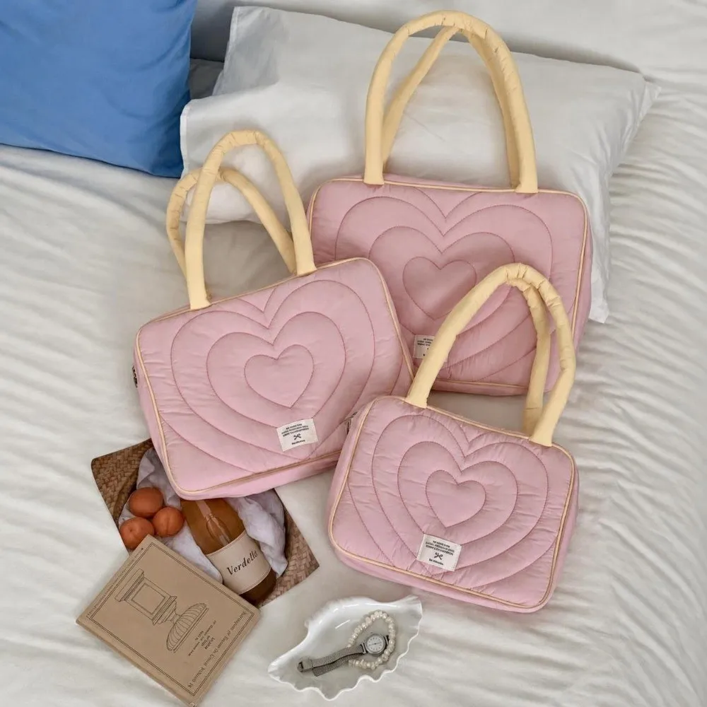 Quilted Laptop Shoulder Bag Padded Protection Heart Embroidery Notebook Pouch Ultralight 11 13 14 15 15.6 16 Inch Laptop Bag