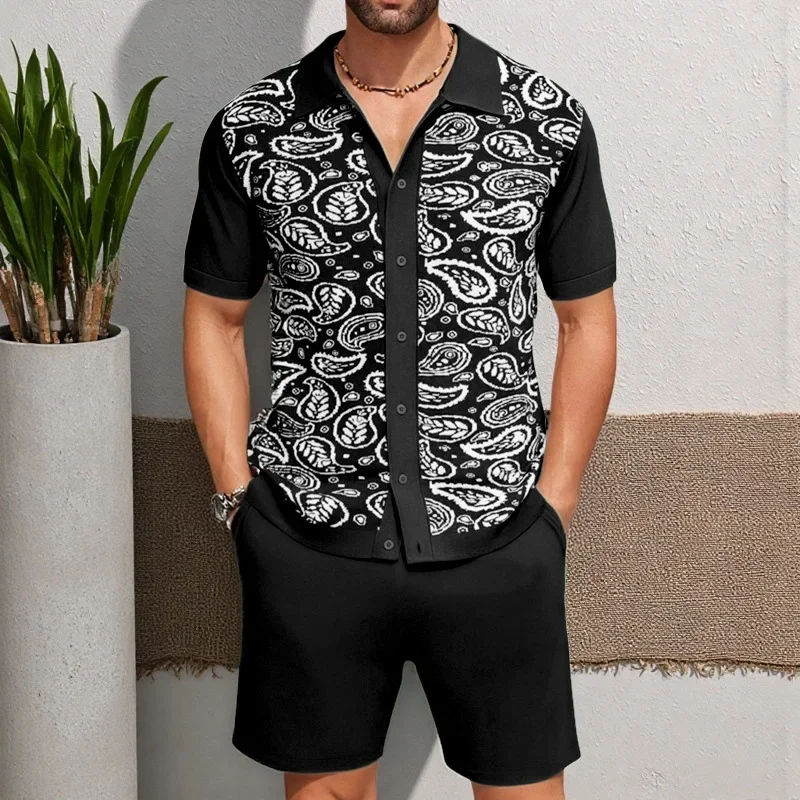 

Summer Fashion Men's Brown Casual Trendy 2 Piece Sets Short Sleeve Turn-down Collar Single-breasted Shirts Knee Length Shorts