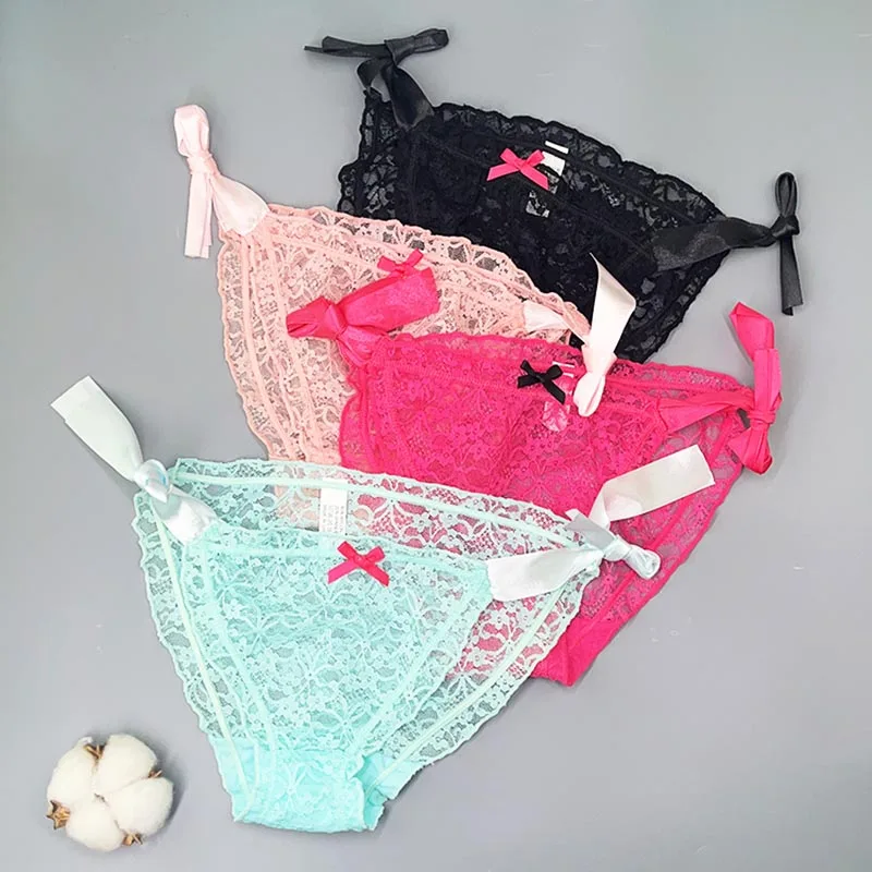 3 Pcs/Lots Sexy Lingerie Transparent Lace Briefs Solid Color Underwear Women Panties