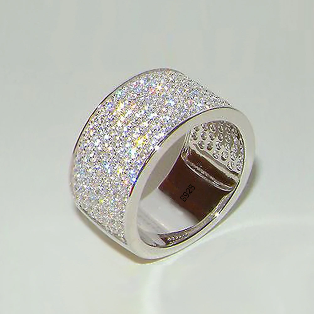 Klasyczny męski pierścionek 925 Sterling Silver agresywny szeroki Bling pełna cyrkonia pierścienie dla mężczyzn obietnica miłość walentynki prezenty biżuteria