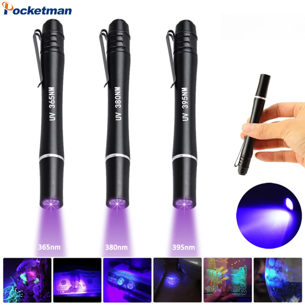 Pocket Mini UV Flashlight 385nm 365nm 395nm Ultra Violet Black Light Clip Penlight Pet Urine Stain Detection Purple Light Lamp