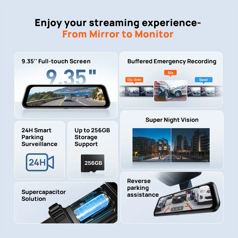 70mai S410 9.35" Dual-Channel 1944P Rearview Camera with Touchscreen