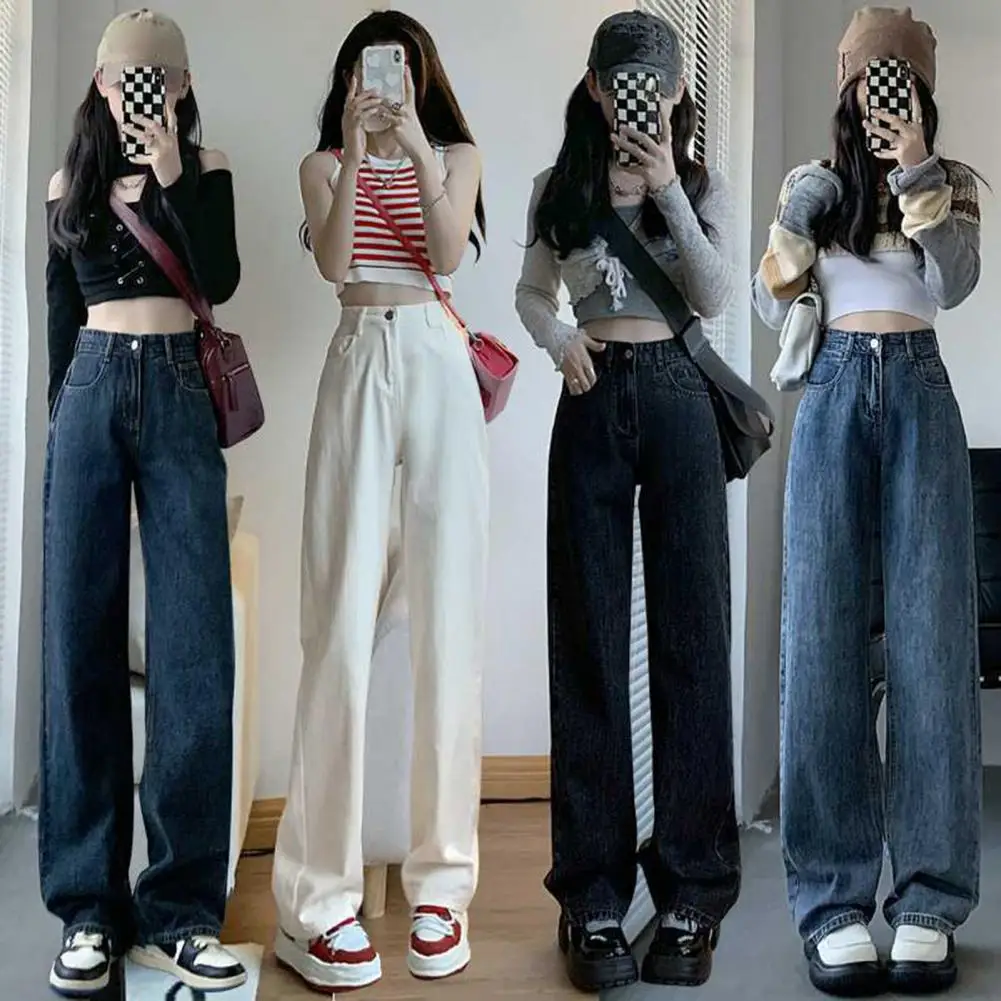 

Button Zipper Closure Jeans Stylish Women's High Waist Wide Leg Jeans with Multi Pockets Button Zipper Closure Casual for A