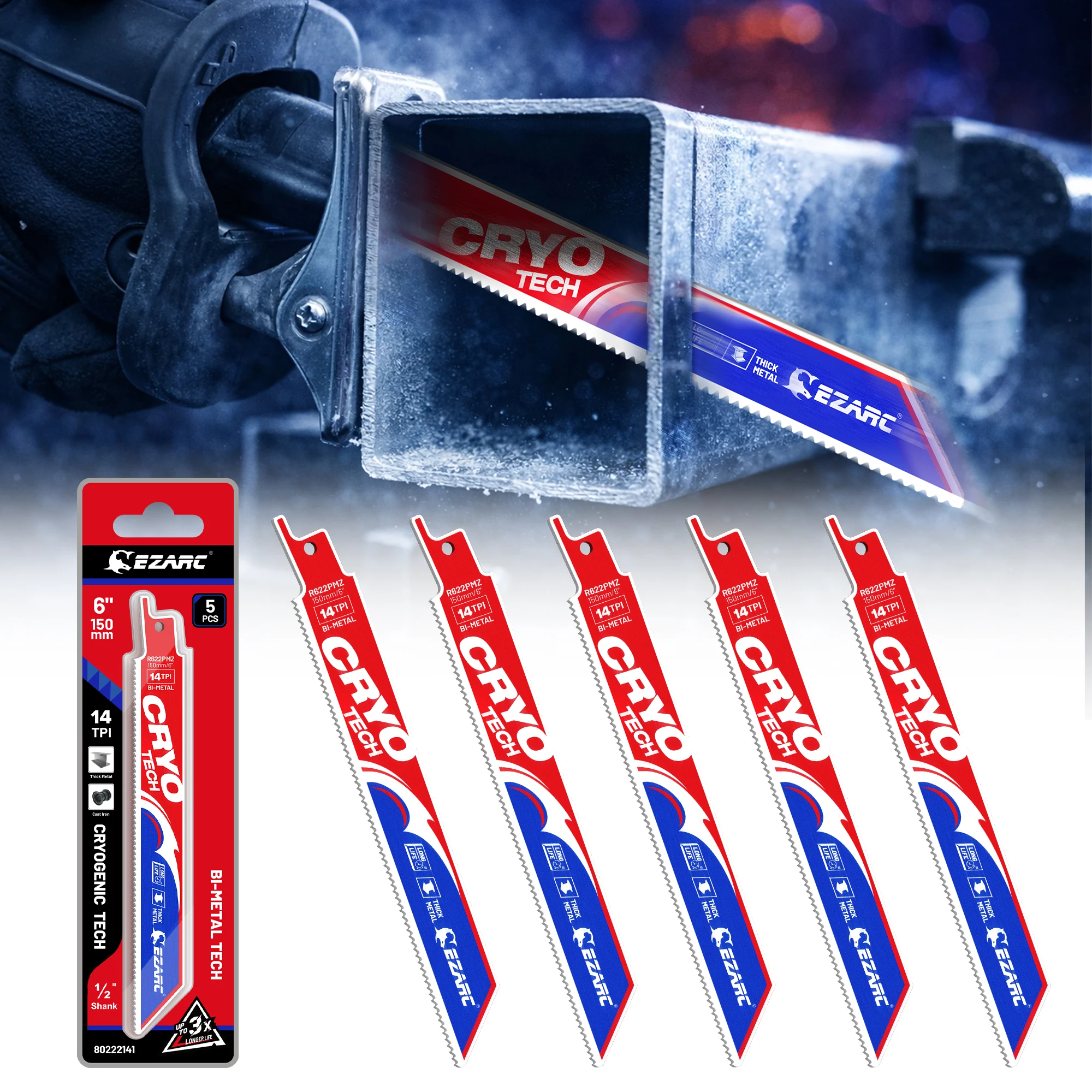 EZARC 5PC Cryo Tech Bi-Metal Reciprocating Saw Blades for Metalworking, 6-Inch/9-Inch 14TPI Cryo Tech Heat Treatment 8% Cobalt