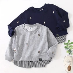 2024 Spring Autumn 2 3 4 5 6 7 8 10 Years Children Cartoon Animal Print Patchwork Fake 2 Pcs Basic Sweatshirt For Kids Baby Boy