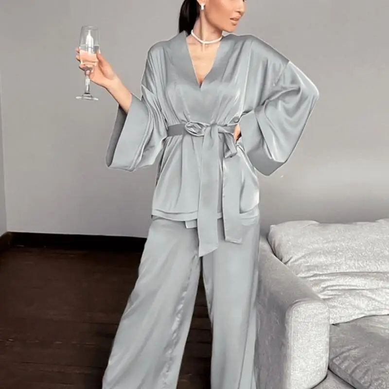 

2-piece women's solid color ice silk lace up long sleeved cardigan, pajama pants, loose and comfortable pajama set