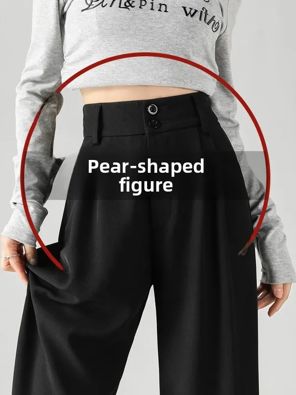 

Elegant Black Wide Leg Suit Pants Women's Spring Summer Autumn Thin Hanging Feel Ladies Casual Trousers High Waist Polyester ...