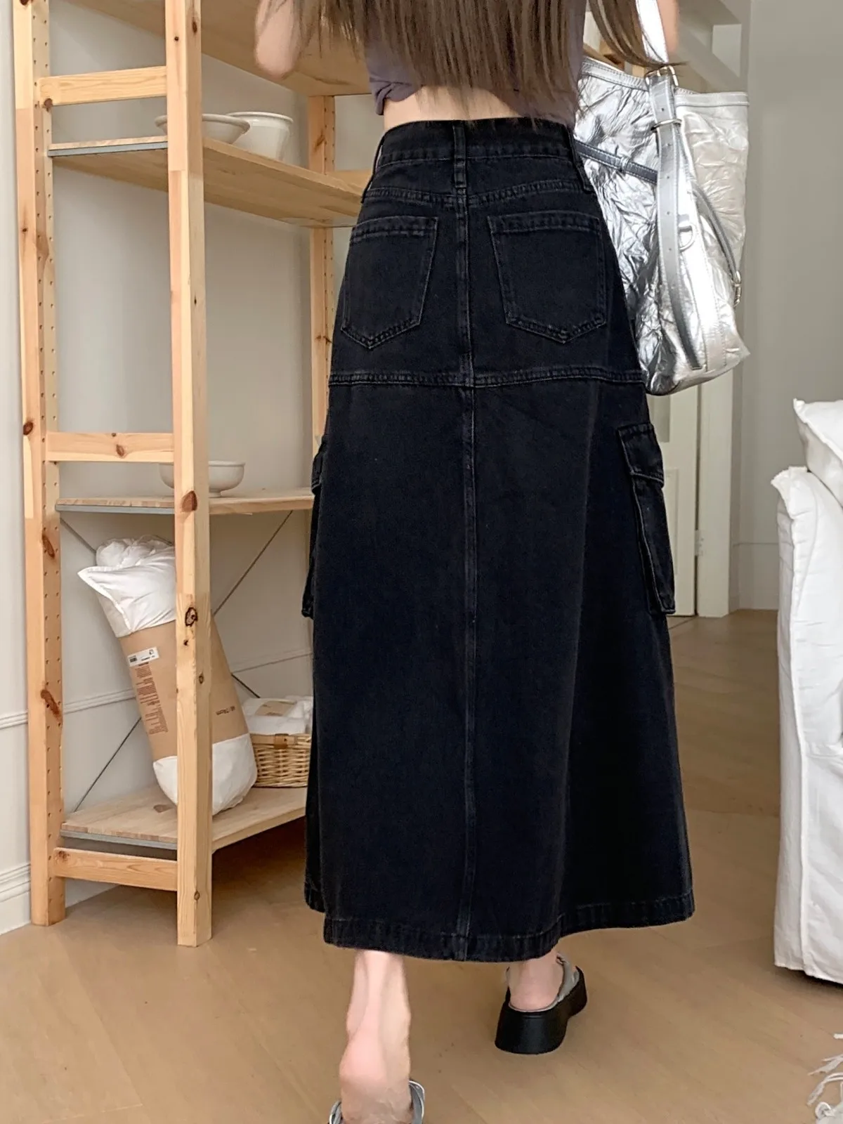 ZHISILAO A-line Long Denim Skirt for Women Vintage Y2K Pocket High Waist Cargo Skirt Autumn Summer 2023