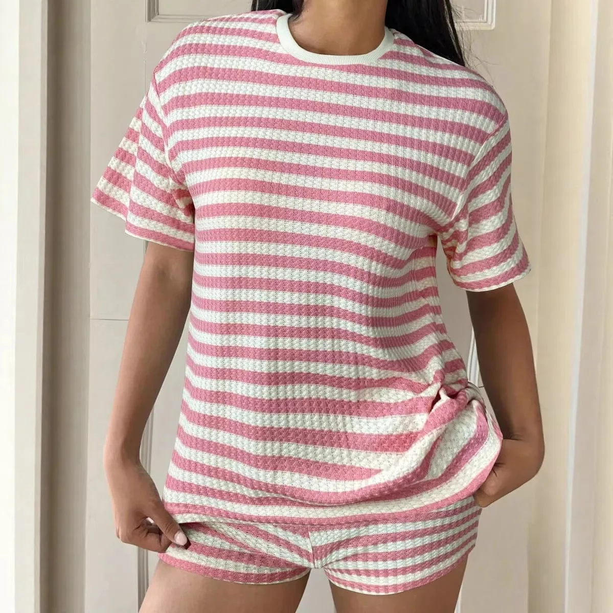 

2026 Striped Short Sleeve T-Shirt Set Women's Summer Casual Retro Lazy Loose