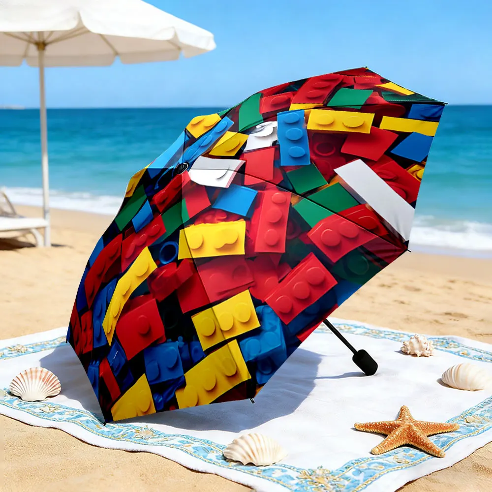 1PC Colorful Brick-Inspired Umbrella by the Lake Print 8 Iron Ribs Folding Umbrella Auto-Open Fashion Sunshade