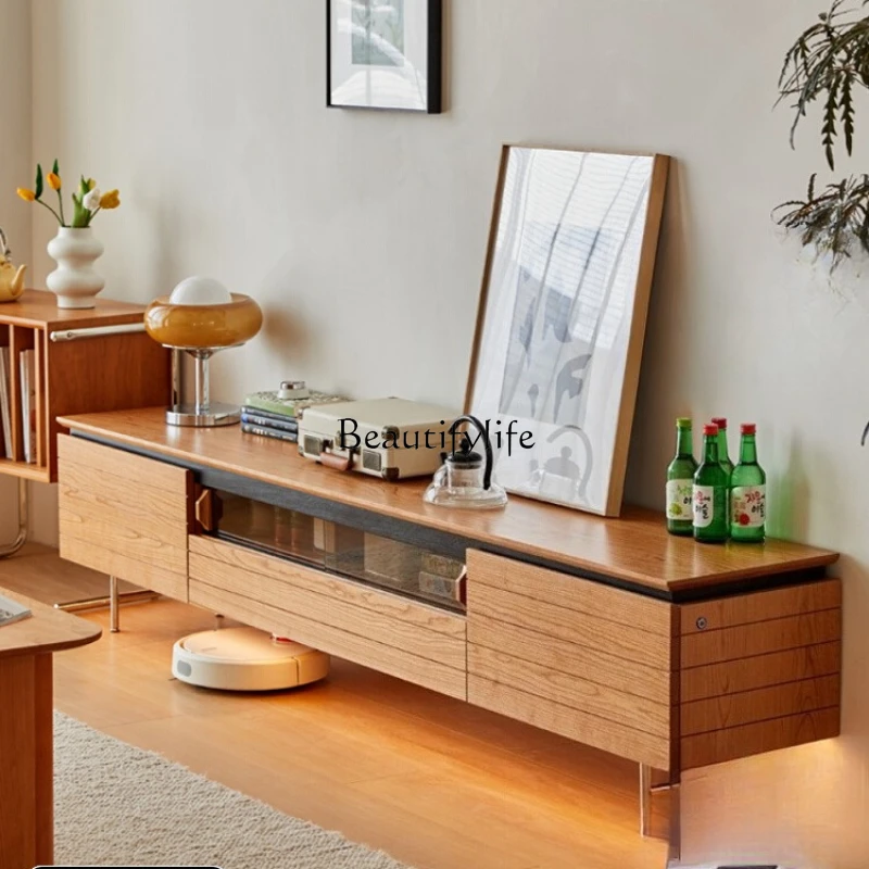 

08Cherry wood TV cabinet solid wood stainless steel legs locker small apartment Japanese coffee table combination
