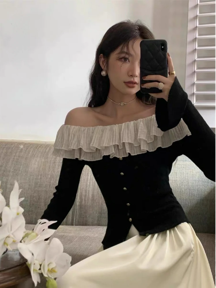 T-shirts Women Tierred Ruffles Slash Neck Single Breasted French Style Retro All-match Pleated Patchwork Buttton Long Sleeve