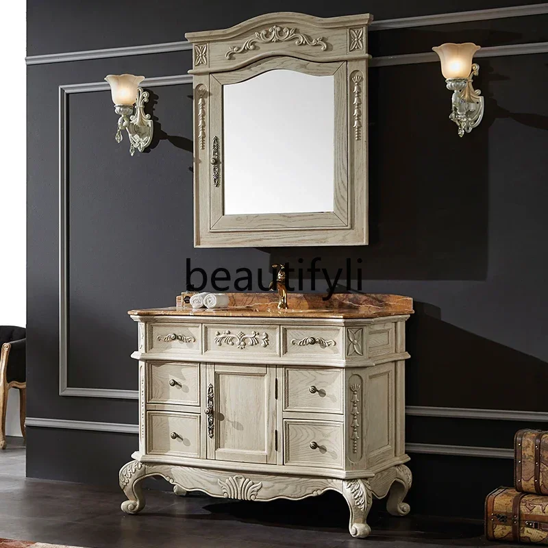 

Small apartment European bathroom cabinet mirror cabinet marble oak, floor-to-ceiling solid wood washstand red oak