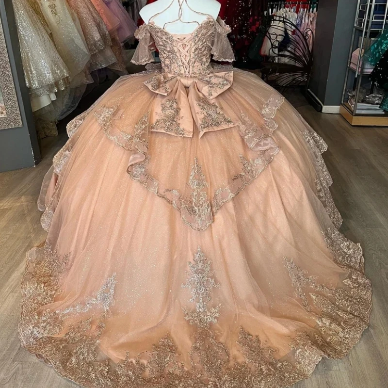 Customized Luxury Coral Sweet 16 Girls Birthday Party Dress Off Shoulder Lace Bow Women Prom vestidos de 15 años quinceañeras