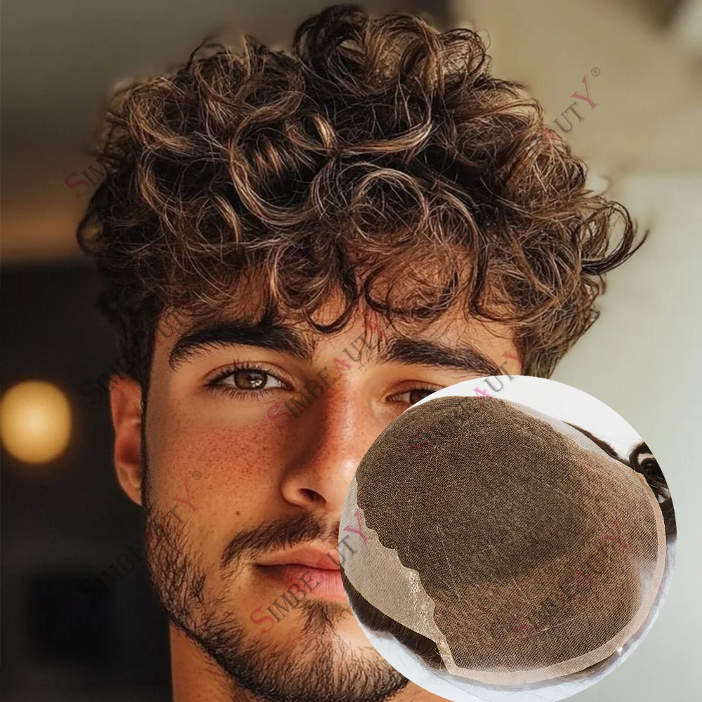 Men's 20mm Curly Q6 Lace Front Wig with PU Toupee Breathable Human Hair Replacement System #22r Blonde Bleached Knots Hairpieces