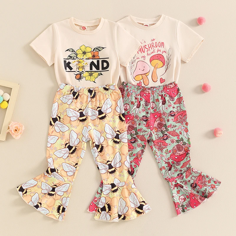 

2024-04-15 Lioraitiin Toddler Girl Pants Outfit Letter Print Short Sleeves Tops with Bee Pattern Bell Bottom Trousers Set 6M-4Y