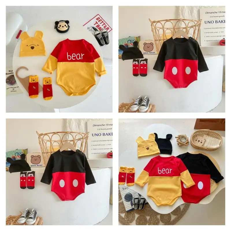 Mickey Mouse Bodysuit Baby Clothes Disney Hat Sock Anime Onesie Pooh Bear Clothes Washable Simple Short Sleeves Hat Wholesale