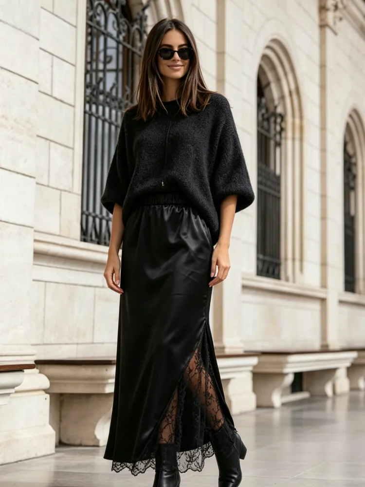 Midi Skirt Women Black Lace Spliced Side Slit Long Skirt Elastic Waist Elegant Streetwear Office Party Daily Wear