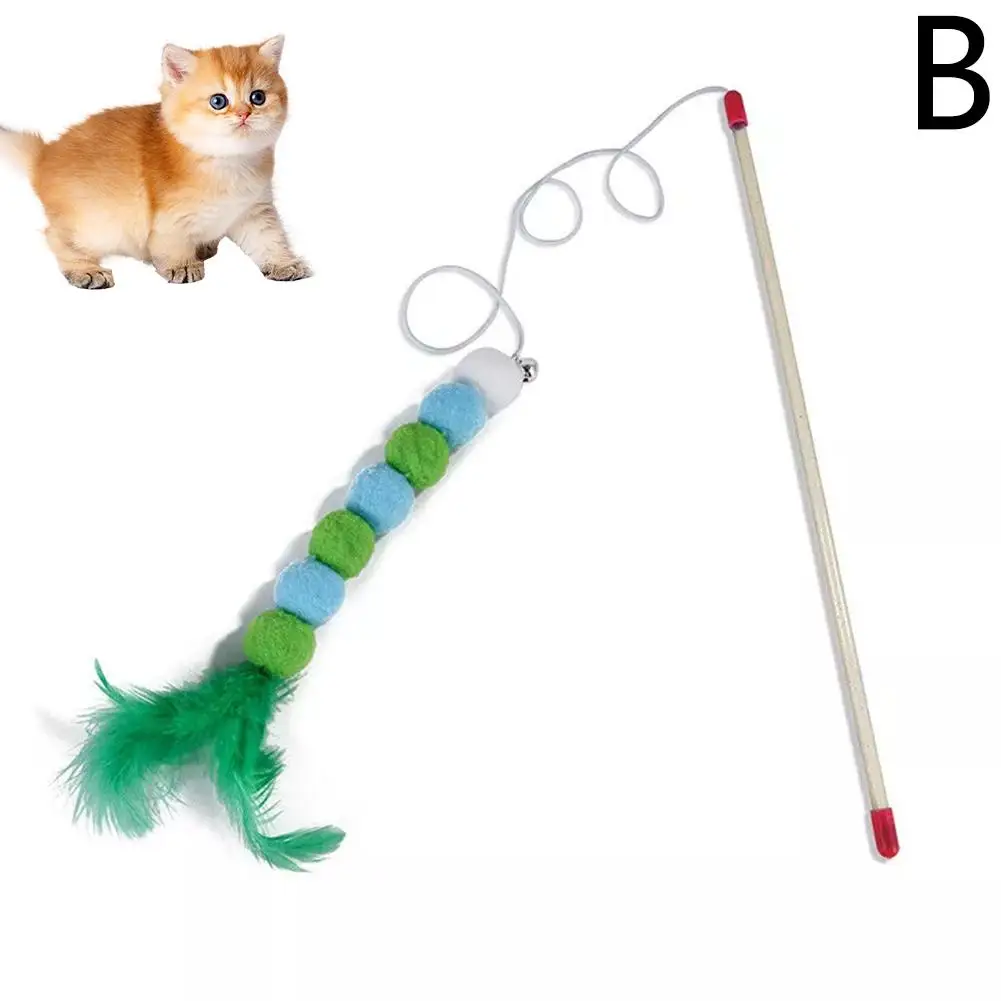 Single Cat Teasing Pole Cat Toy Interactive Toy Soft And Wool Ball Bell Beading Cat Feather Accessories R4S1