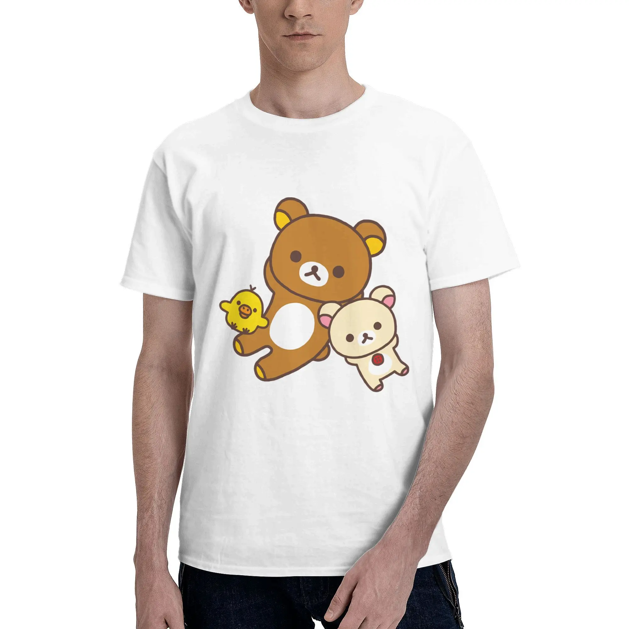 Rilakkuma And Korilakkuma Lying Cotton T Shirt For Men Beach  Awesome T Shirts O Neck Hipster Tees Oversized Pattern Clothing