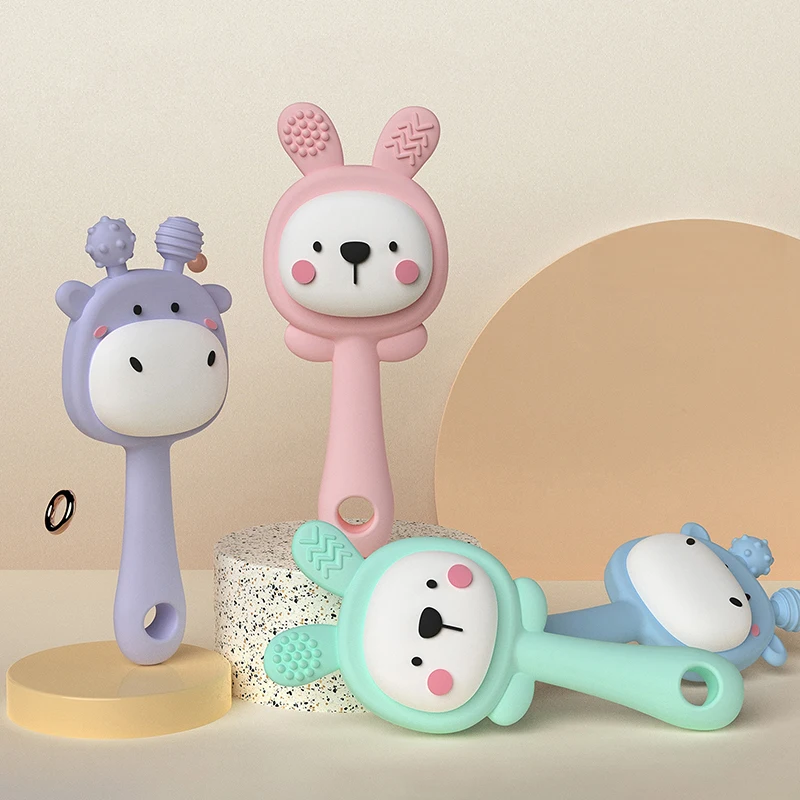 1 conjunto de sino de mão para recém-nascidos, pode morder água, martelo de areia fervido, adereços de treinamento para educação precoce, sino de bebê, brinquedo de coelho