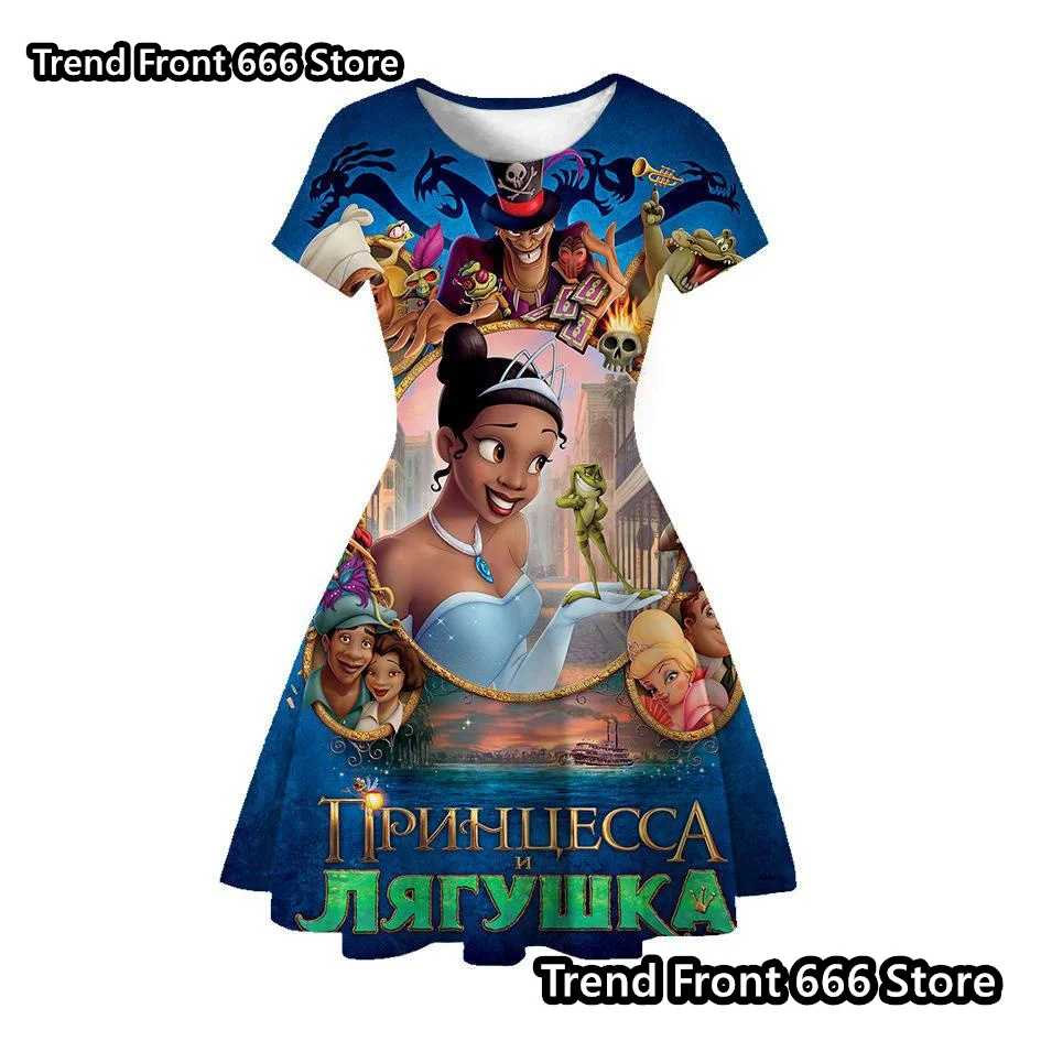 24/25 New Princess Tiana Cartoon Girls Dress Disney Princess Children\'s One-piece Knee Length A-line Short Sleeve Skirt