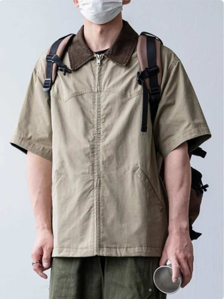 

American Retro Workwear ort Sve Men's Summer Loose ape Couple Zipper irt Jaet Polyester Fiber Youth Trend