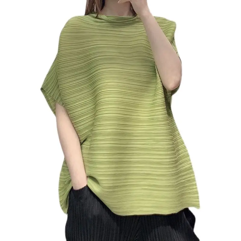 T-shirt Small Standing Neck Women's Pleated 2023 Spring New Loose and Slim Fashion Short Sleeve Top