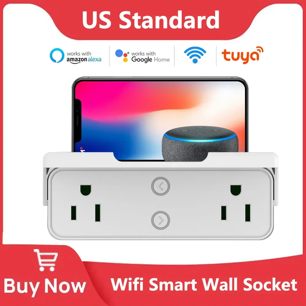 Tuya WiFi Smart Socket US Plug with Splint Power Double Outlet Timing Function Smart Life/Tuya APP Works with Alexa Google Home