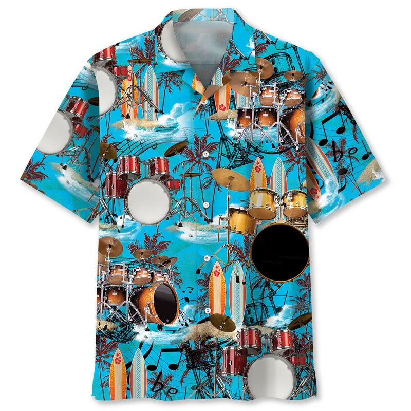 Vintage Drums 3d Printed Hawaiian Shirt For Men Musical Instruments Graphics Short Sleeves Shirts Street Loose Lapel Blouse
