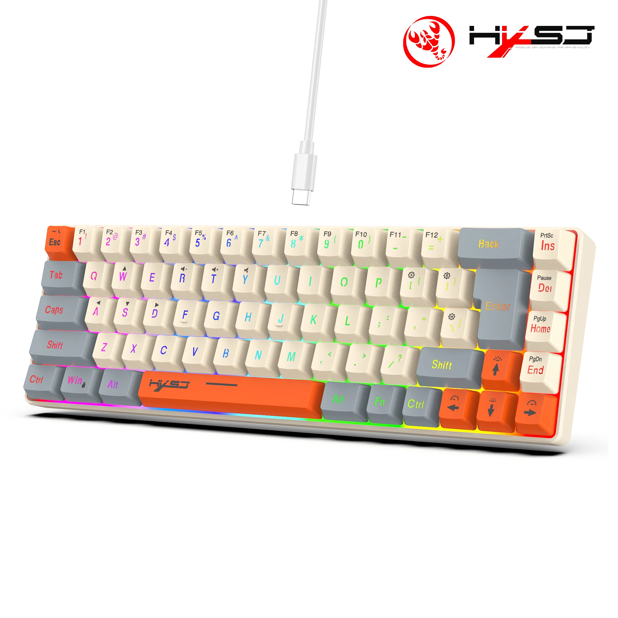 New colour HXSJ V200 68-key membrane Keyboard RGB luminous lightweight ABS two-color injection Type-C gaming keyboard for laptop