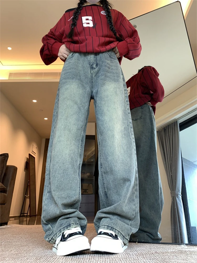 Frauen Einfarbig Gerade Klassische Dünne Jeans Vintage Denim Hosen Hohe Taille Casual Y2k Streetwear Cool Girl Vibe Hosen