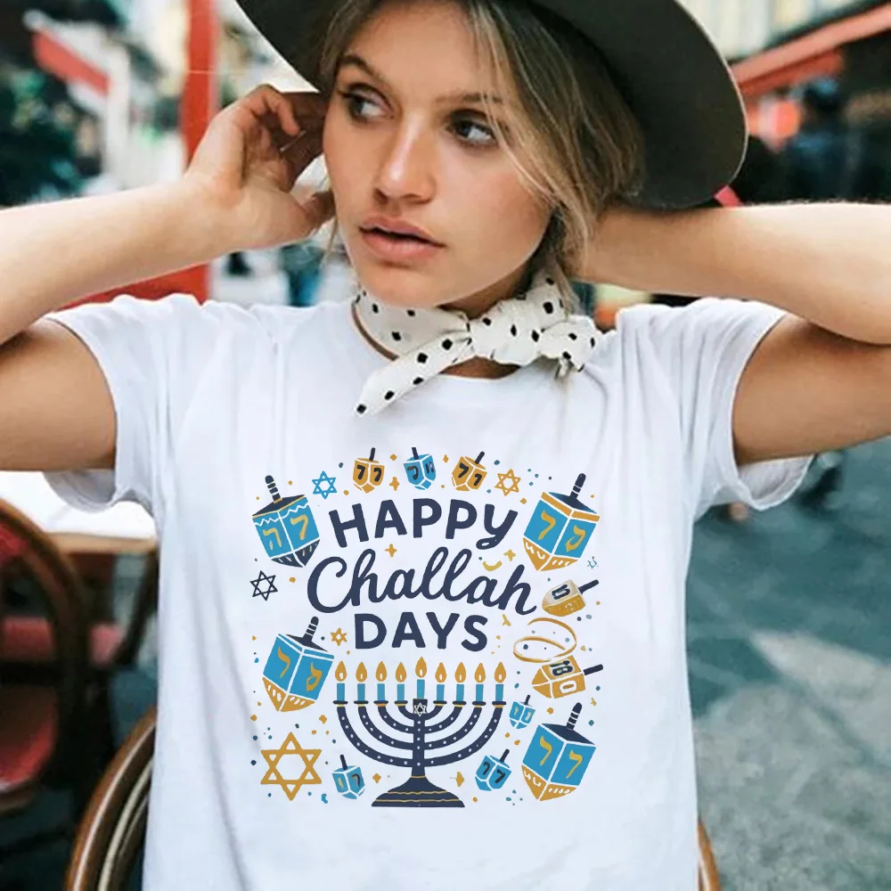 Happy Challah Days Printed Women Shirt Jewish Holiday Female T-shirt Outfit Hanukkah Girls Retro Clothes Short Sleeve Tee Tops