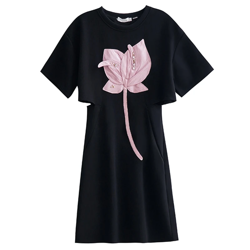 

New Fashion Women's Summer Casual Dress Black 2024 Designer Short Sleeve Beading Floral Appliques Cutout Waist Mini Dresses Robe