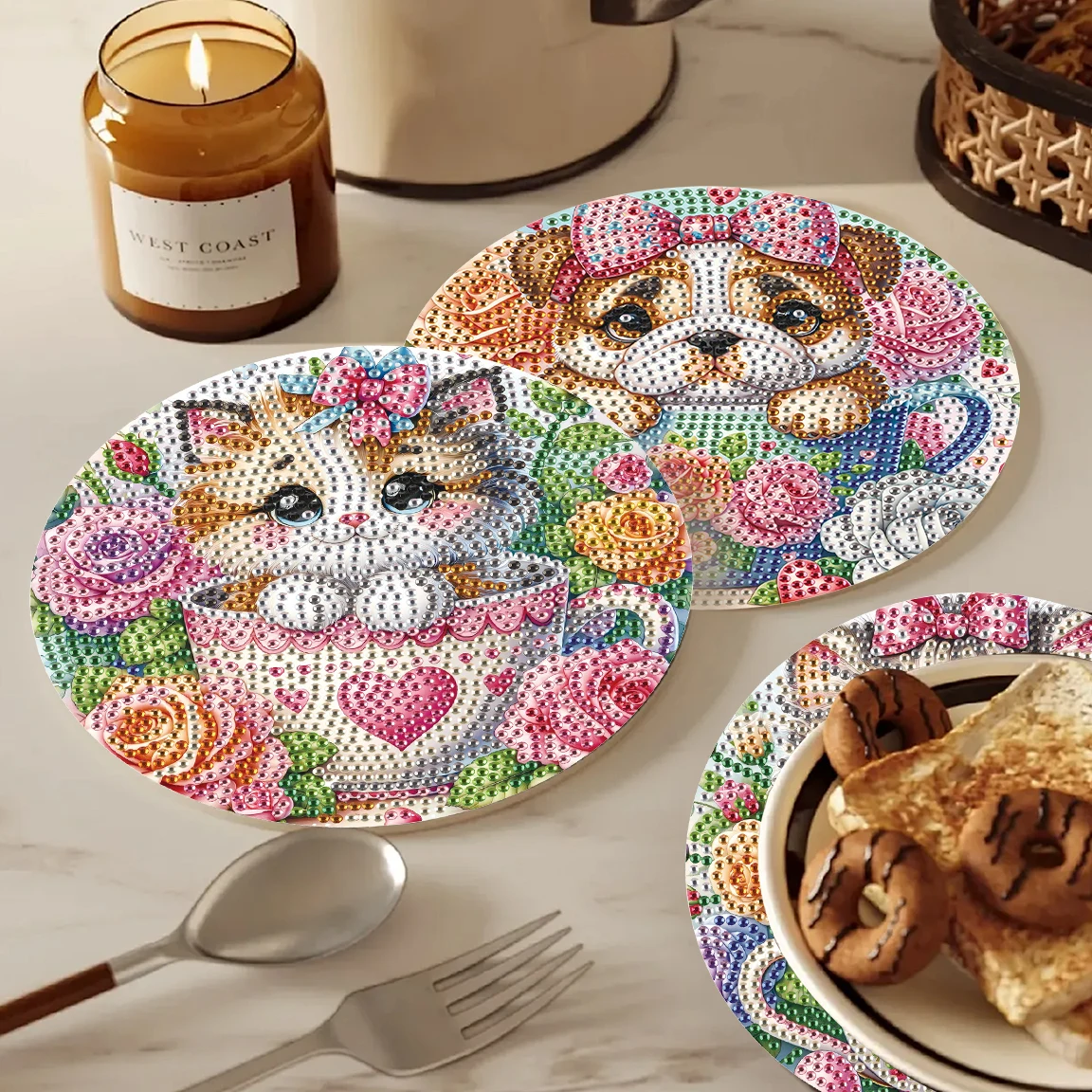 3Pcs Diamond Art Painting Placemat kits,Teacup animal Diamond Round Place mats Craft Table mat Table Kitchen for Home Decor Gift