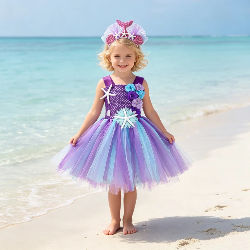 THEEPER Vestido de tutú de sirena en colores pastel para niñas, disfraz de princesa de flores del océano con diadema de flores, disfraz de Halloween con temática marina