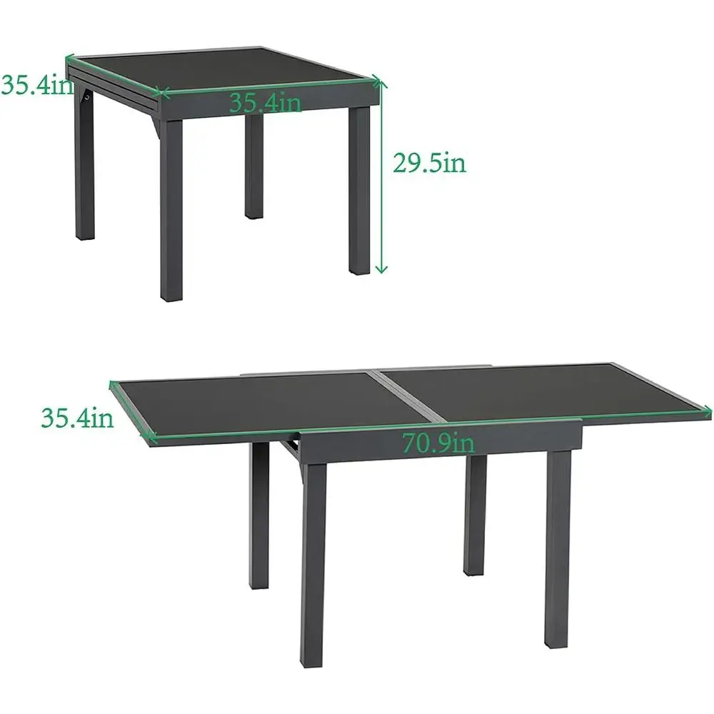 Outdoor Aluminum Extendable Dining Table Glass Top Patio Garden Backyard Bistro Dining Durable Weather Resistant Easy Assembly