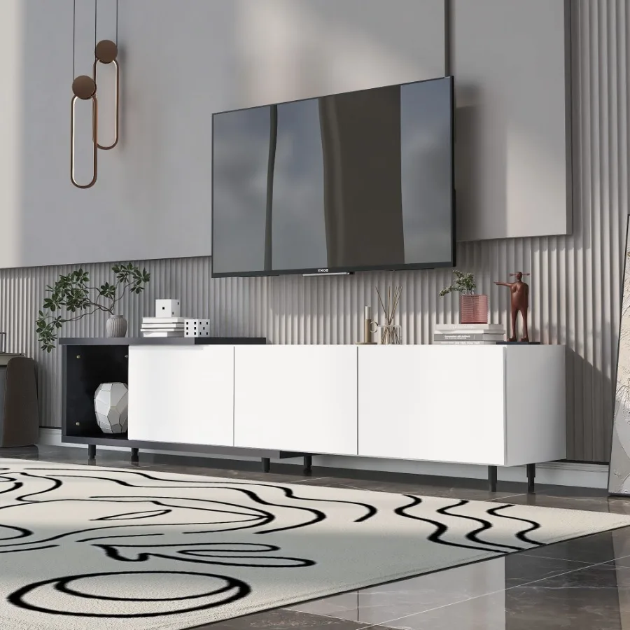 خزانة تلفزيون بحامل تلفزيون UCan 70.1 بوصة 100 بوصة حديثة وأنيقة قابلة للتمديد لتلفزيون 80+ بوصة أسود + أبيض قديم SKU: WF299723AAK تاريخ متوقع