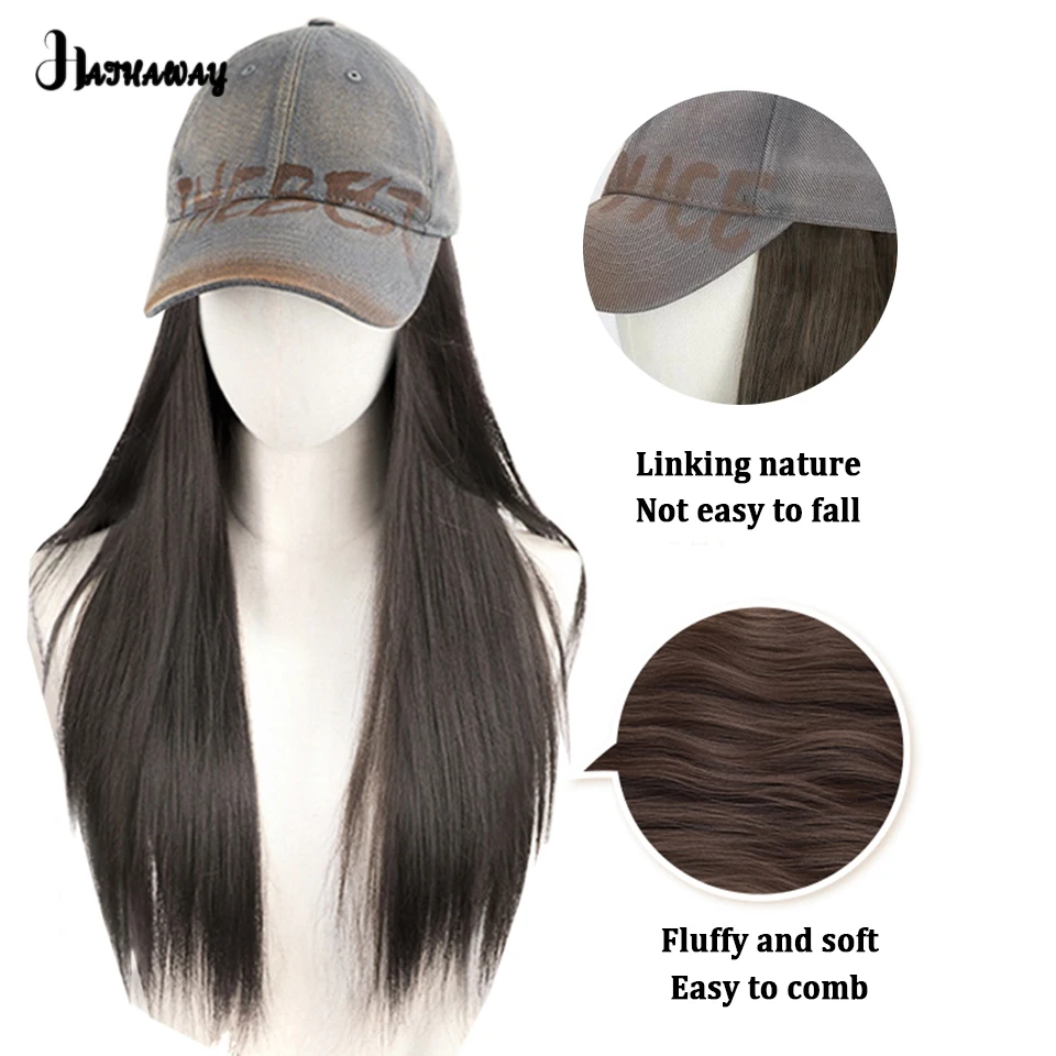 Topi Wig rambut lurus panjang 18 inci topi sintetik wanita Wig satu rambut panjang mode bisbol Retro baru topi wig rambut lurus panjang