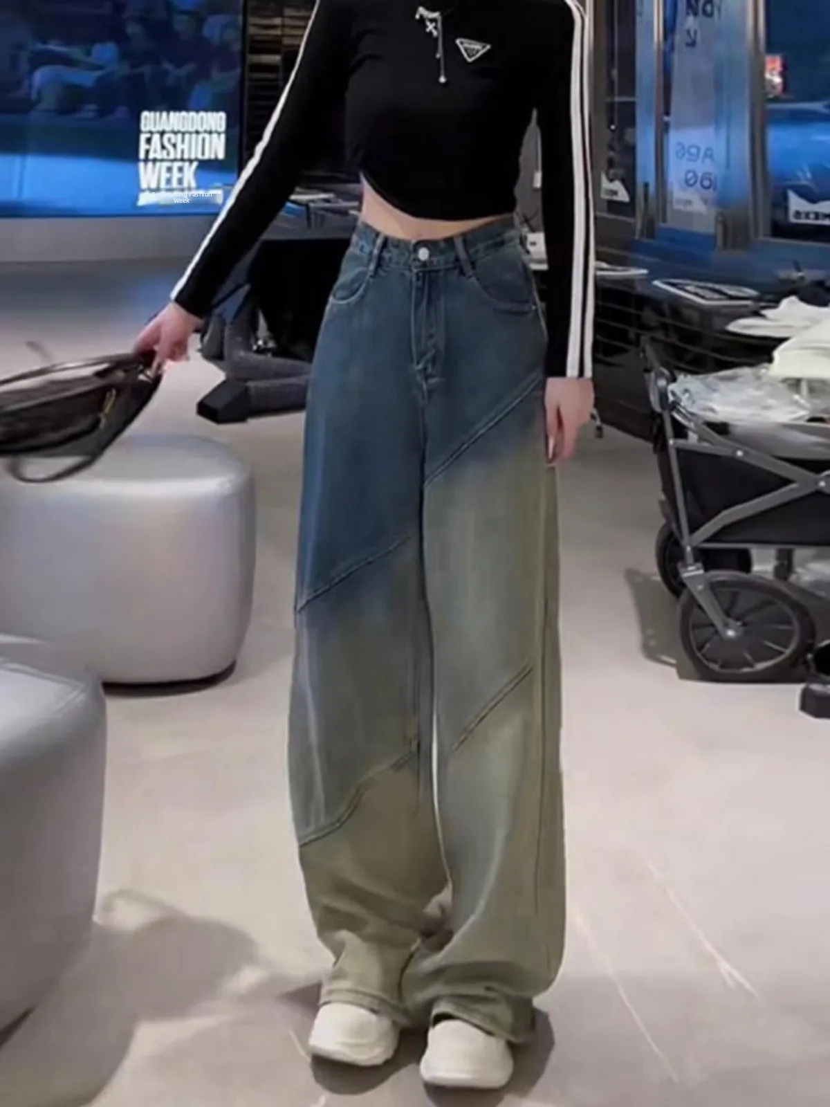 

Свободные утягивающие джинсы с высокой талией и талией, модные прямые брюки длиной до пола, женские джинсы