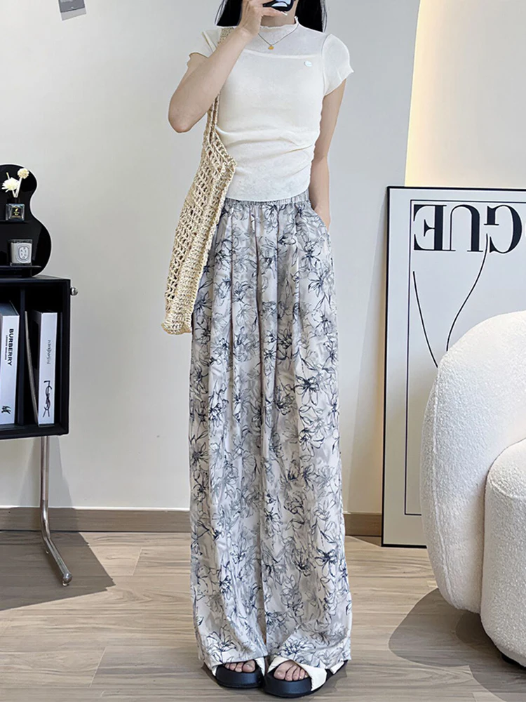 

Ink Wash Painting Wide Leg Pants for Women Lazy Style Tie-dye Thin Straight Trousers Baggy Sweatpants Women's Home Pants Slacks