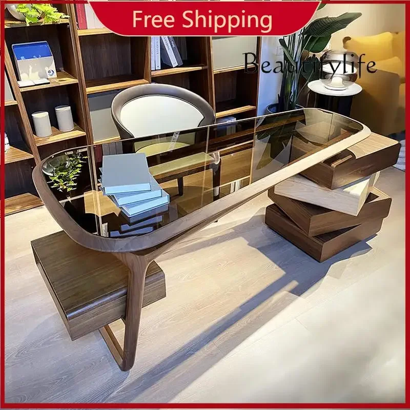 BJ X Modern Simple Solid Wood Desk North American Black Walnut Tempered Glass Designer Desk Writing Desk