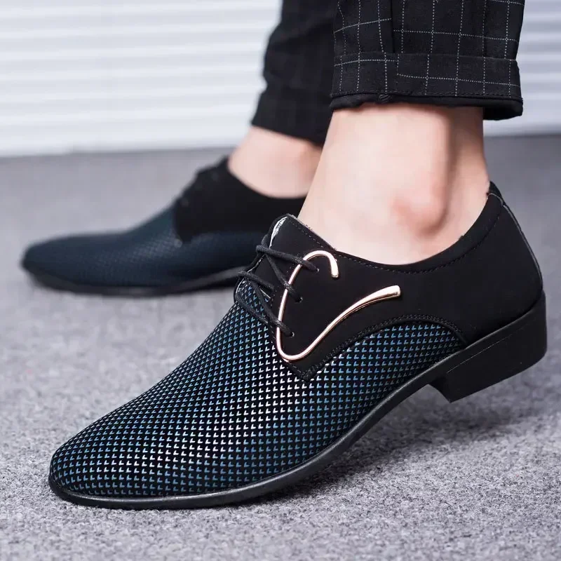 Concise Mens Shoes Men\'s Business Dress Pointy Plaid Black Shoes Luxury Formal Wedding Shoes New Working Zapatos Para Hombres