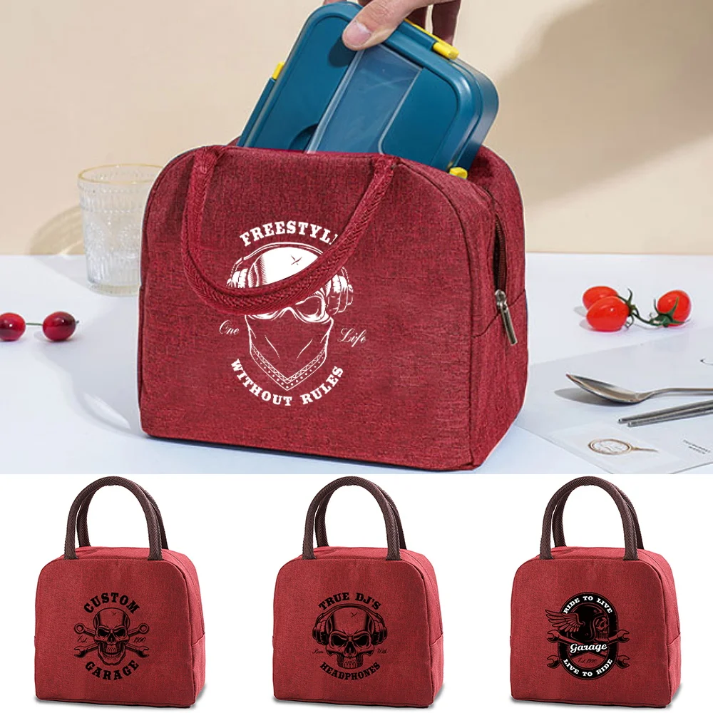 

Skull Print Insulated Lunch Bags Women Cooler Bag Thermal Bag Portable Lunch Box Pack Canvas Handbag Food Picnic Bags Dinner Bag