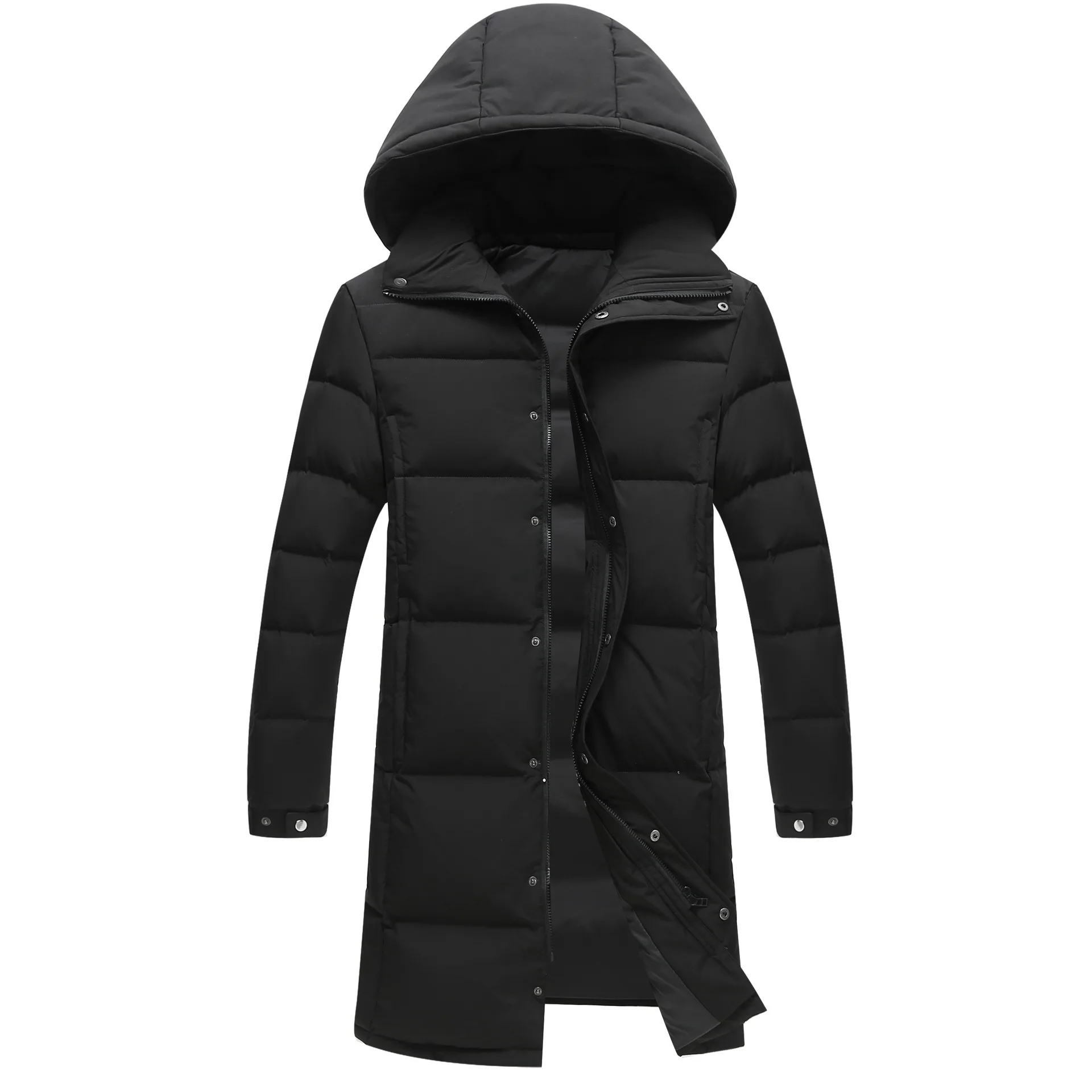 Jaket Bulu Angsa Pria Berkerudung Jaket Bulu Angsa Solid Parka Kombinasi Lengan Panjang Resleting Cardigan Pakaian Luar Longgar Saku Kasual 2025