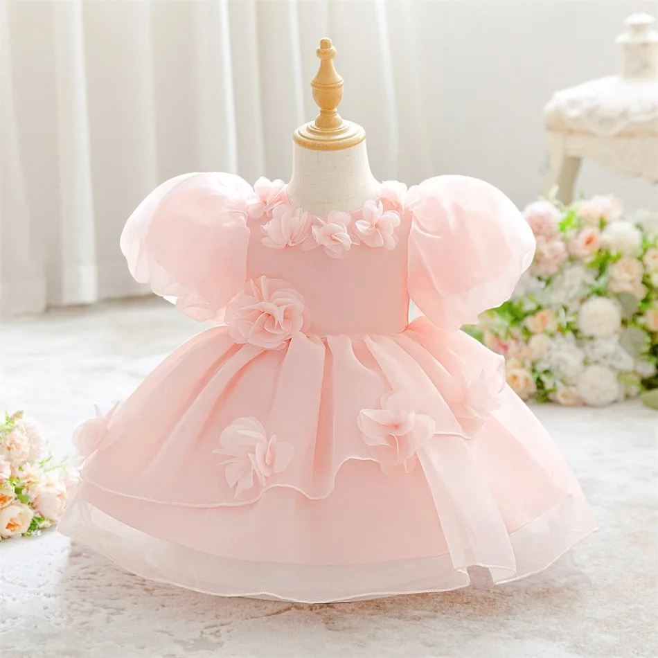 Pink 3D Floral Puff Sleeve Layered Tulle Princess Dress Cute Kids Girls Wedding Birthday Holiday Formal Pageant Costume ASQ03