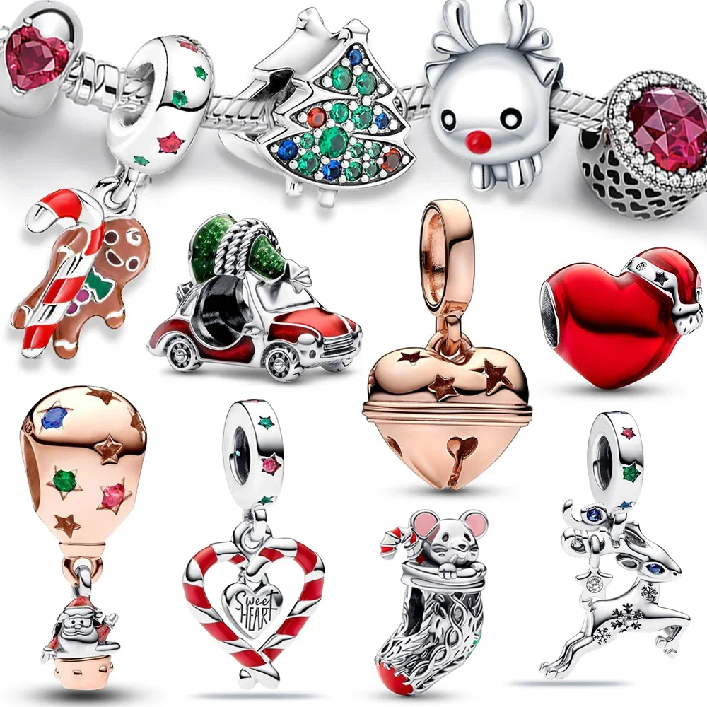 2023 Original Christmas Car & Tree Reindeer Mouse Charm Red Heart Beads Fit Pandora Bracelet 925 Sterling Silver Jewelry Gift