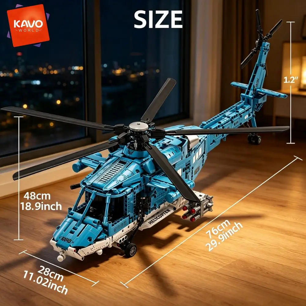 KAVOWORLD 1711pcs Bule Helicopter Building Block DIY Construction Toys Large-scale Military Helicopter Bricks Model Set Remote Control Rotating Rotors Combat Aircraft Chopper Halloween Christmas Thanksgiving New Year's Day Christmas Gift For Military Fans