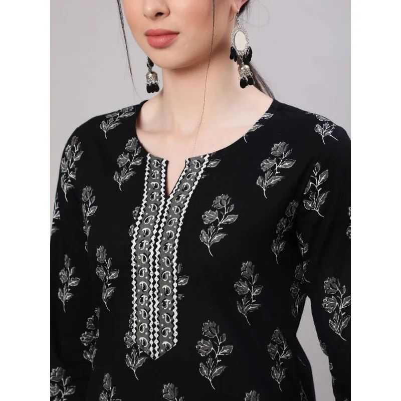 Indian Women Black Pure Cotton Floral Print Straight Top Tunic Kurta Kurti Dress